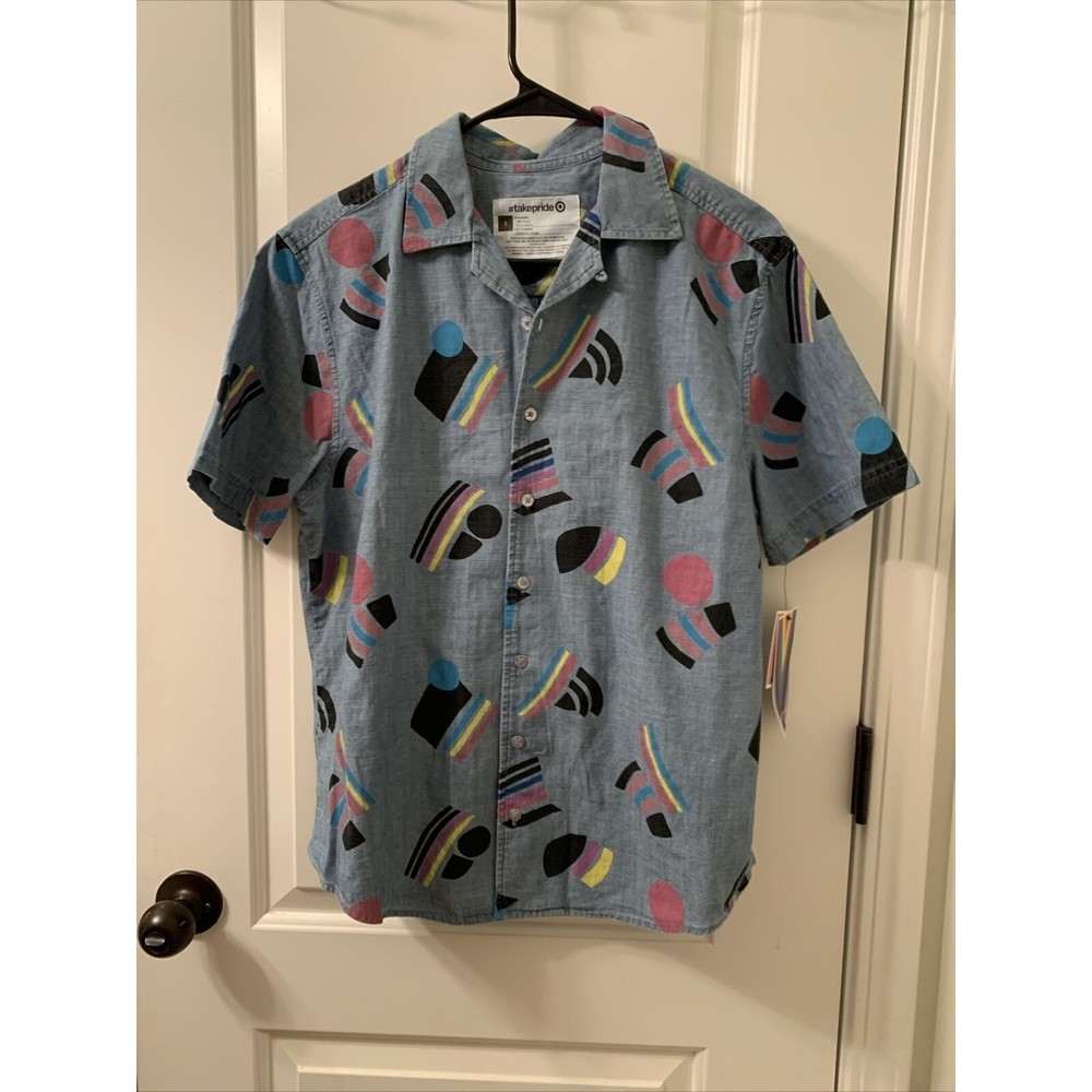 Pride Adult Short Sleeve Multiflag Button Up Shirt  Blue Denim Boat Choose Size